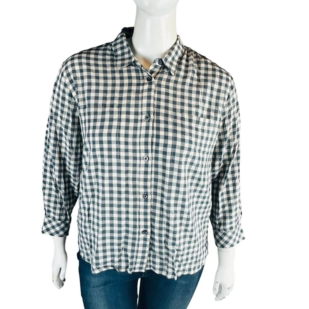 Van Winkle & Co Womans Sz Large Blouse Plaid 3/4 Sleeve Button Front Grey - Picture 2 of 8
